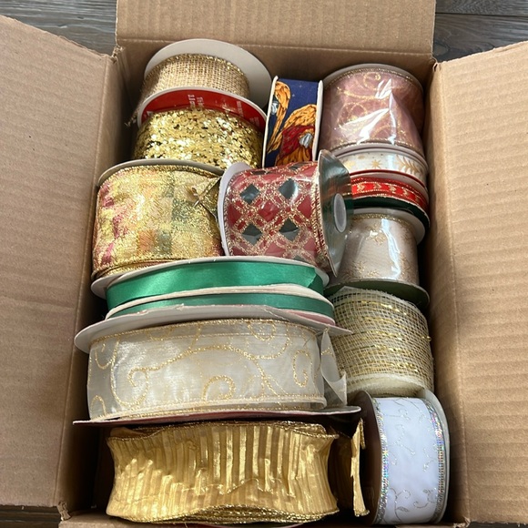 various Other - 15 rolls of Christmas holiday wired, ribbon and regular gold green, white & more